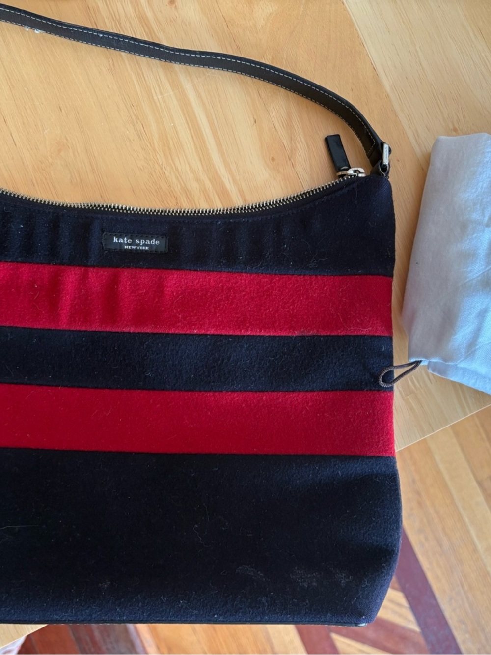 Vintage Kate Spade Felt  Black and Red Striped Shoulder Purse.